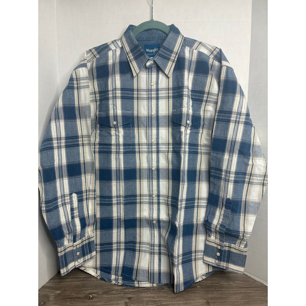 Wrangler-Men's Vintage Long Sleeve-Western Pearl Snap Shirt "L" White/Blue Plaid